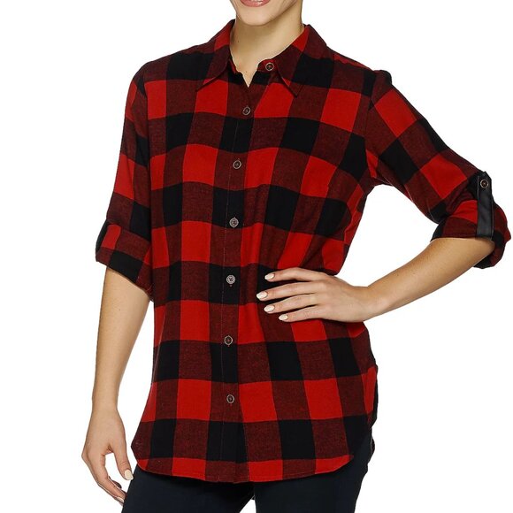 Joan Rivers Buffalo Check Shirt with Faux Leather Detail  16203 - Picture 1 of 2